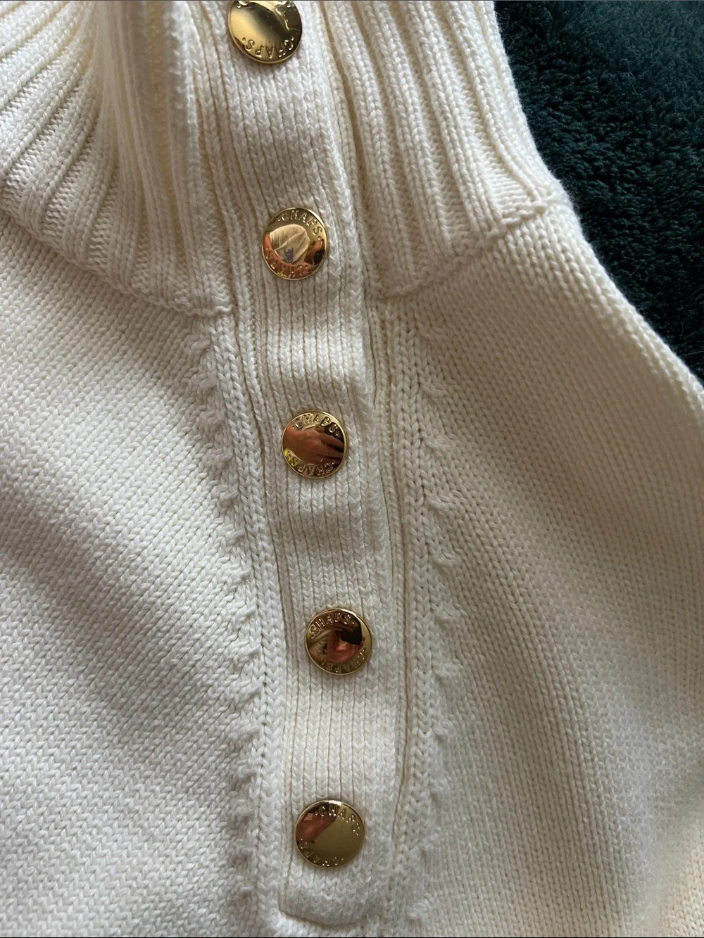 Chaps Cream Button-Shoulder Mock Neck Sweater
